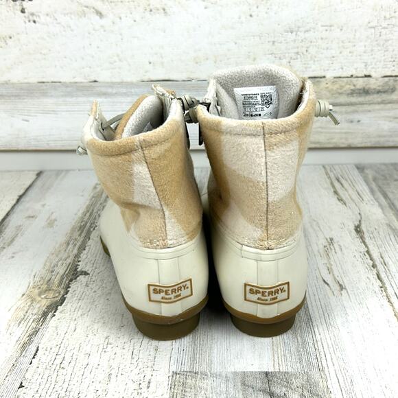 Sperry Women’s 7.5 Saltwater Cream Tan Buffalo Check Wool Ivory Duck Boots NEW - Picture 5 of 11